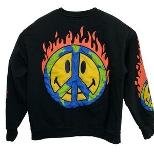 Market Smiley Earth on Fire Crewneck Sweatshirt Black Mens L Embroidered